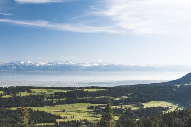 The Jura Mountains form the border between the French and Swiss Alps