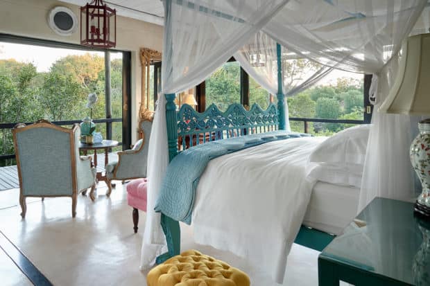 A whimsical bedroom designed by Liz Biden at Royal Malewane in South Africa