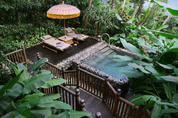 A tropical private plunge pool at the Capella Ubud in Bali, Indonesia