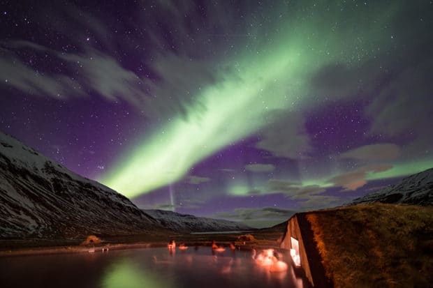 Viewing the Northern Lights from the pool at Deplar Farm