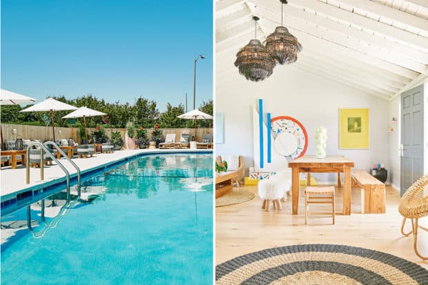 The pool and a living room at the Hero Beach Club in Montauk, New York.