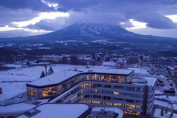 The exterior of Skye Niseko with Mount Yotei in the background