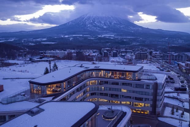 The exterior of Skye Niseko with Mount Yotei in the background