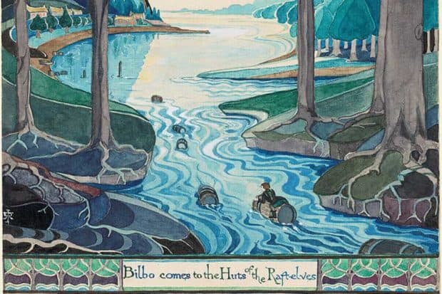 J. R. R. Tolkien (1892-1973), Bilbo comes to the Huts of the Raft-elves, July 1937. Bodleian Libraries, MS. Tolkien Drawings 29. © The Tolkien Estate Limited 1937.