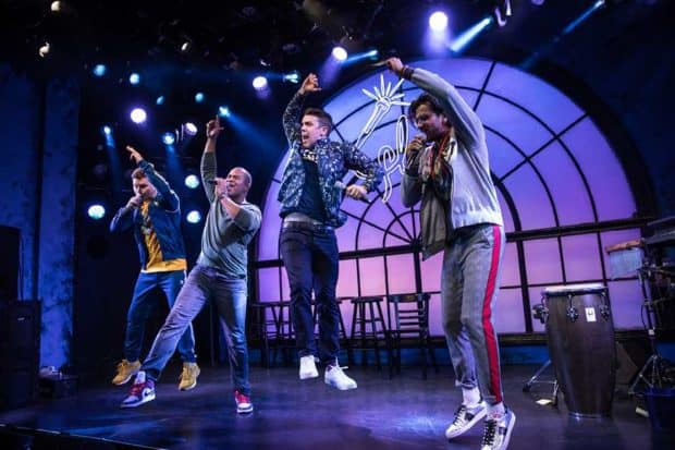 Chris Sullivan, Christopher Jackson, Anthony Veneziale, and Utkarsh Ambudkar in Freestyle Love Supreme at Greenwich House Theater, New York City. Photo by Matthew Murphy. 