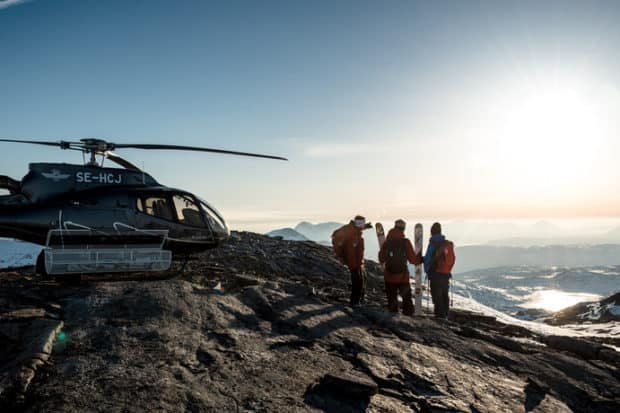 Heli skiing under the midnight sun at Niehku in Swedish Lapland. Photo by David Carlier.