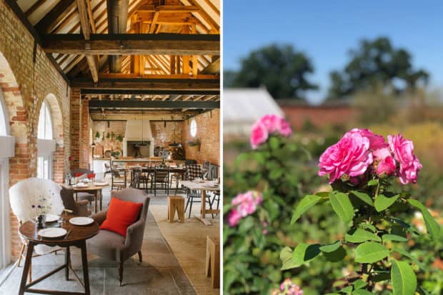 From left: The dining room at Hearth restaurant and English roses in one of the walled gardens at Heckfield Place