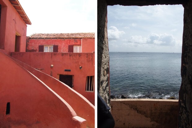 Left: The courtyard of the Maison des Esclaves; Right: The view from the Door of No Return. Photos by Elizabeth Harvey