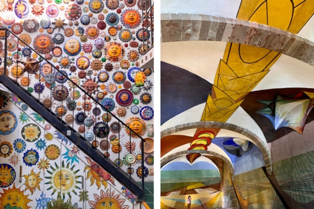 From left: The gallery at Casa de los Soles; the unfinished Siqueiros murals (photos by Elizabeth Harvey)