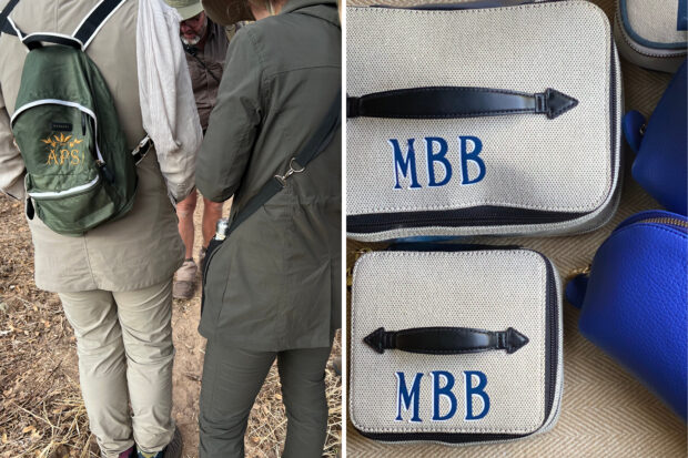 From left: The foldable Paravel backpack with custom monogramming on an Indagare member on safari in Zimbabwe; Melissa's Paravel vanity cases.