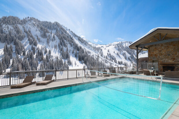 View of Alta from the Snowpine Lodge pool deck. Courtesy Snowpine Lodge