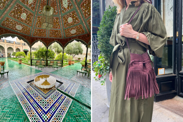 Yves Saint Laurent and Pierre Bergé's Villa Oasis in Marrakech (left); Melissa out and about in the Lalla Marraekch Habibi Bag