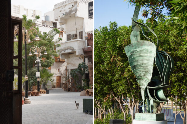 Jeddah's historic district (left) and statue-studded Corniche (right). Photos by Elizabeth Harvey