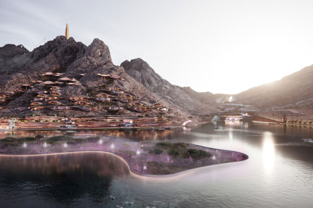 A rendering of Trojena in NEOM. Rendering courtesy NEOM