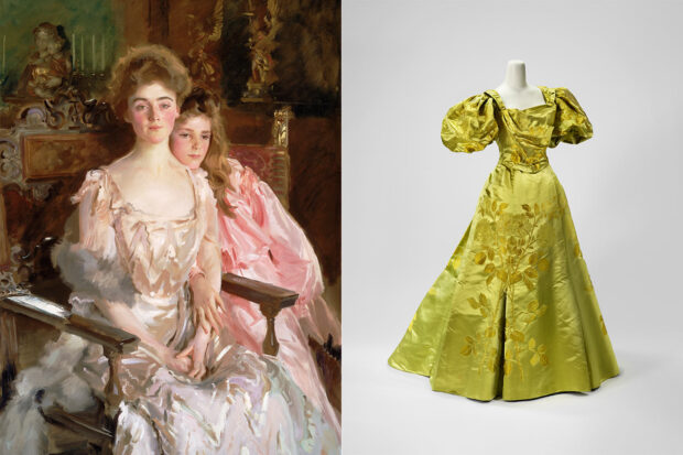 Mrs. Fiske Warren (Gretchen Osgood) and Her Daughter Rachel, 1903 by John Singer Sargent and Evening Dress, about 1887 to 1902. Photos by Museum of Fine Arts, Boston, courtesy Museum of Fine Arts, Boston