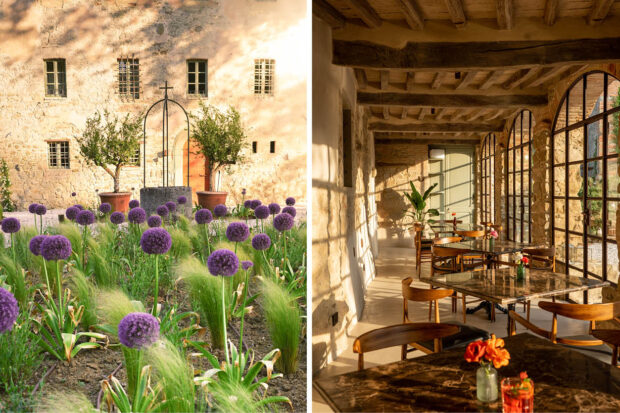 From left: In the springtime, wild garlic creates a dramatic backdrop at Vocabolo Moscatelli, a designer-chi hotel close to the Tuscan border.