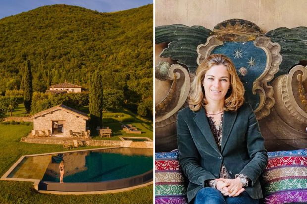 From left: The pool at Subtilia, a 16th-century stunner that sleeps up to 16 people; designer-hotelier Carlotta Carabba Tettamanti 