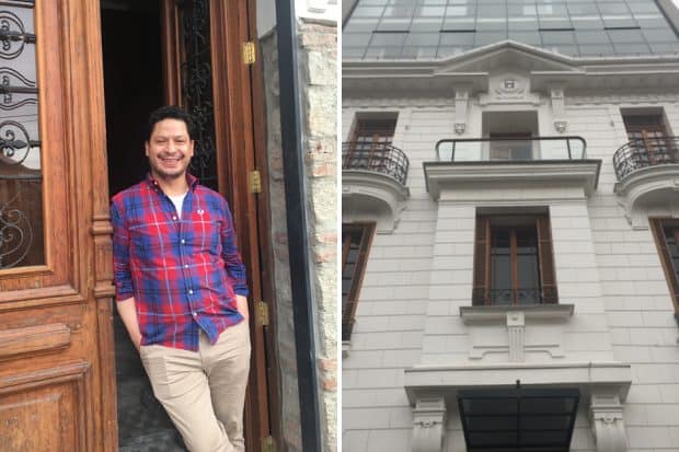 Boris Alcaró and the exterior of Alta Qala Hotel in Bolivia