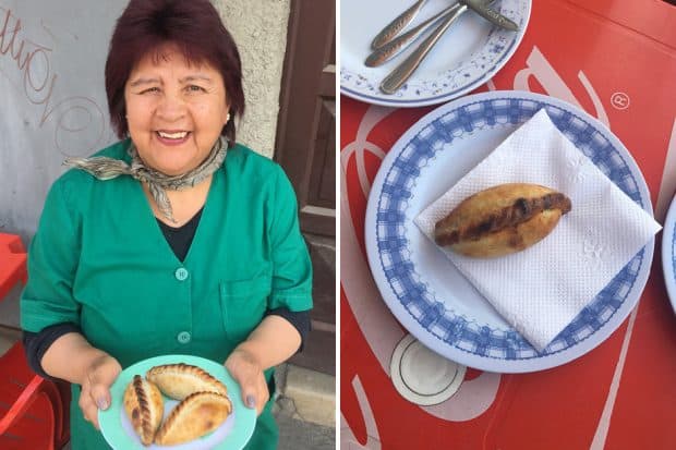 Carmen de Fernandez, owner of Salteñeria Cervantes in Bolivia and a plate of salteña