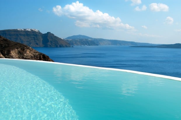 Infinity pool and ocean view from Mystique in Santorini Greece