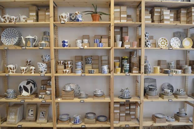 Shelves of dishes at Emma in Stockholm