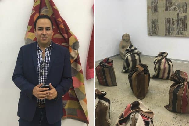 Left: Gallery owner Mariano Ugalde; Right: An exhibit at his gallery, entitled Potato Sacks by artist Gaston Ugalde