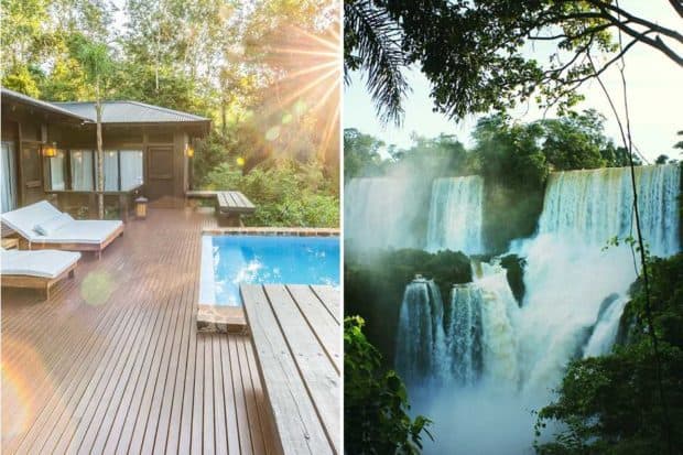 From left: a villa at Awasi Iguazú (courtesy Awasi, credit Evan Austen); views of Iguazú Falls. 