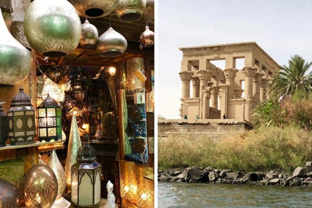 Lanterns in ancient Cairo Egypt; the Temple at Philae on the Nile